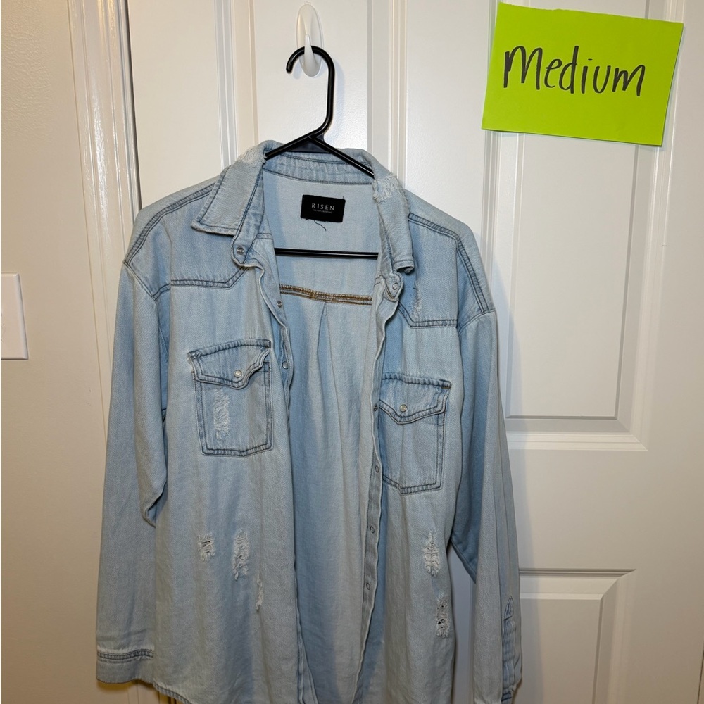 Klein Women's Light Blue Denim Button Down Shirt